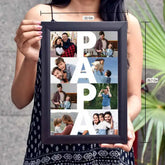 Customized Father's Day A4 poster frame with collage of family moments, held by woman, perfect home decor gift for dad.